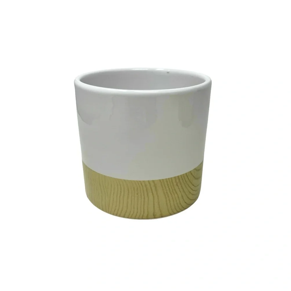 Small Vase | Container | White and Wood Grain Ceramic. 4”